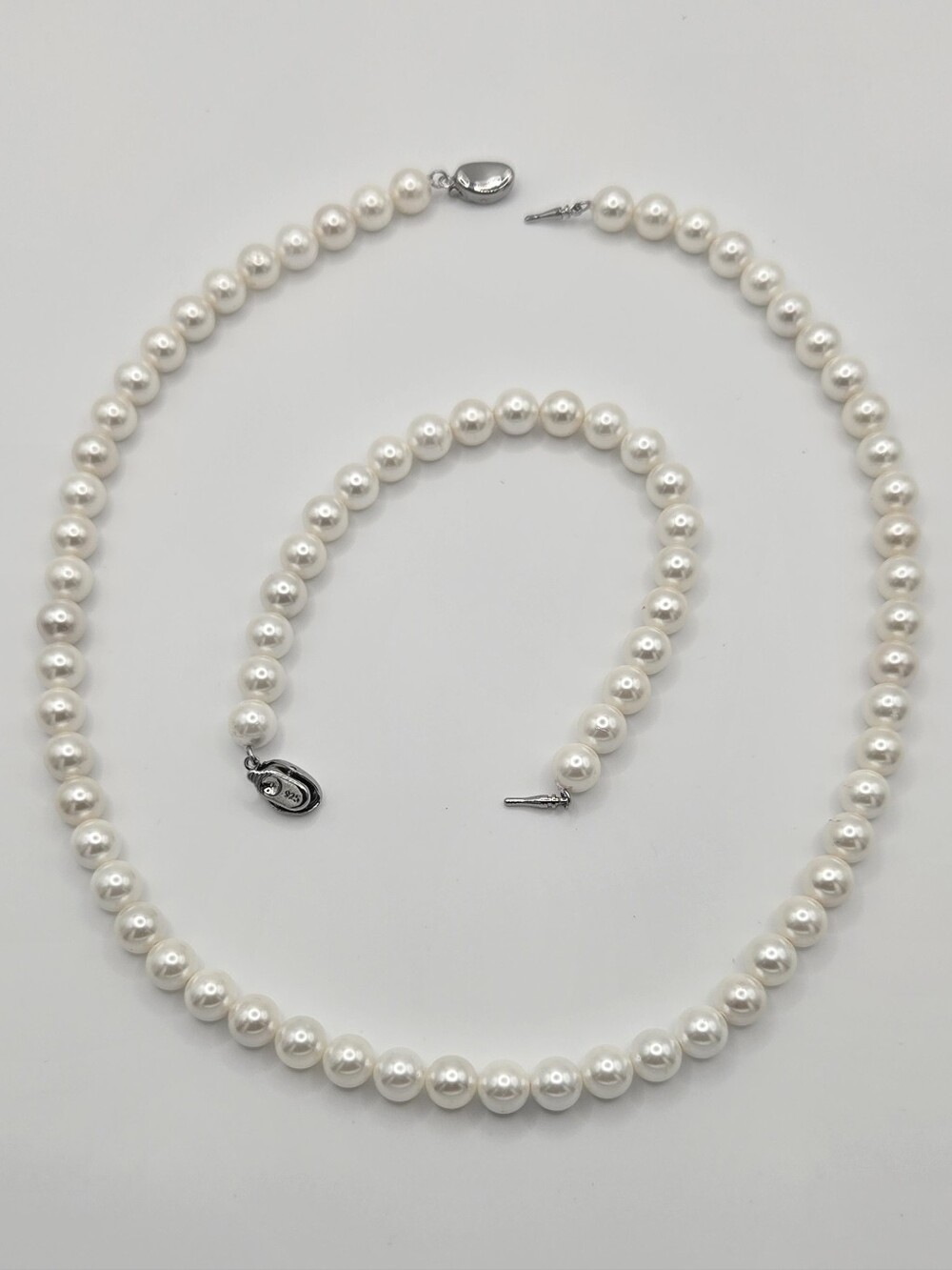 Sterling Sliver Faux Glass White Pearl Necklace and Bracelet Set - Picture 2 of 5